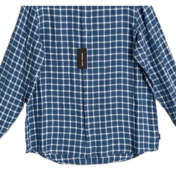 Michael Kors Men's XXL Classic Fit Linen Shirt Blue Check Long Sleeve NEW - Picture 4 of 12